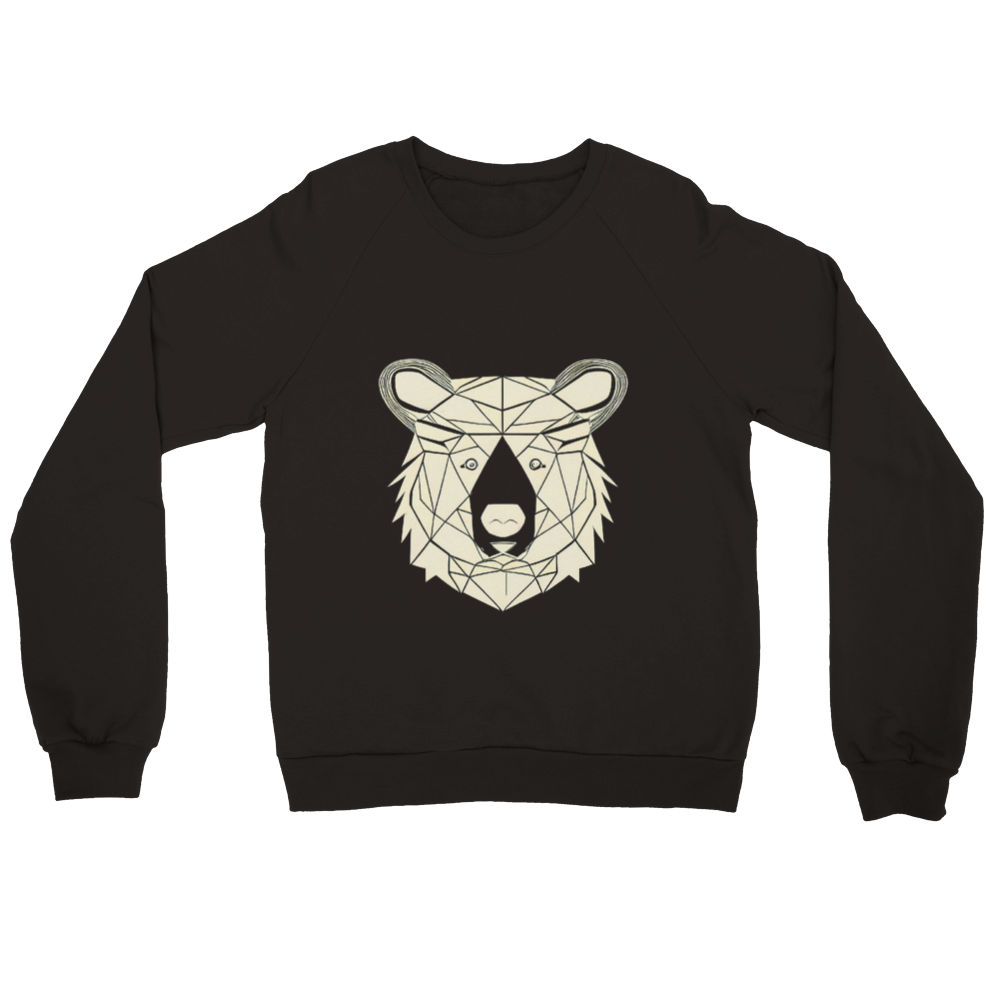 A black unisex crewneck sweatshirt with a bear face graphic print on the front.