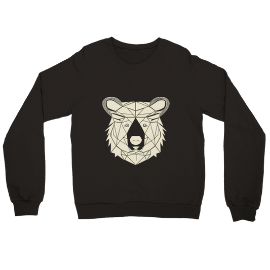 A black unisex crewneck sweatshirt with a bear face graphic print on the front.