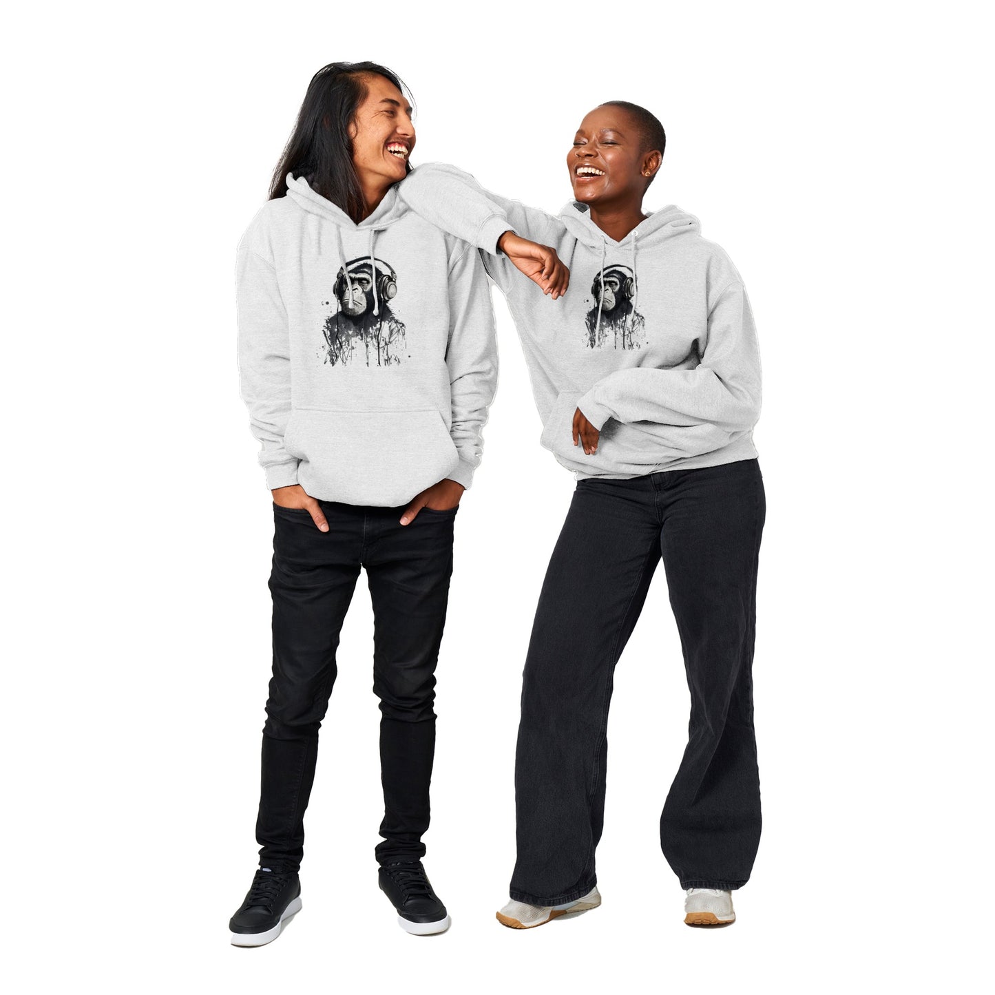 Chimpanzee Wearing Headphones Listening to Music Premium Unisex Pullover Hoodie
