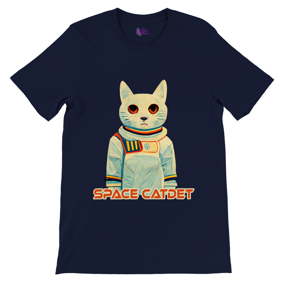 Navy blue t-shirt with a space catdet print