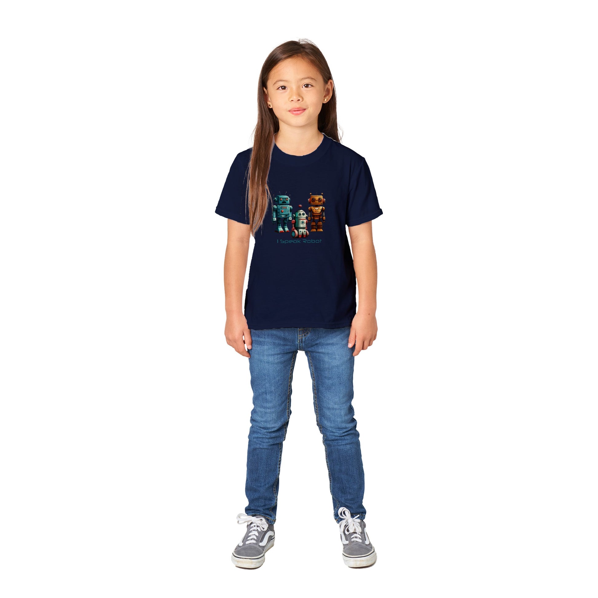 girl wearing Navy Blue t-shirt with 3 robots and the caption I speak robot