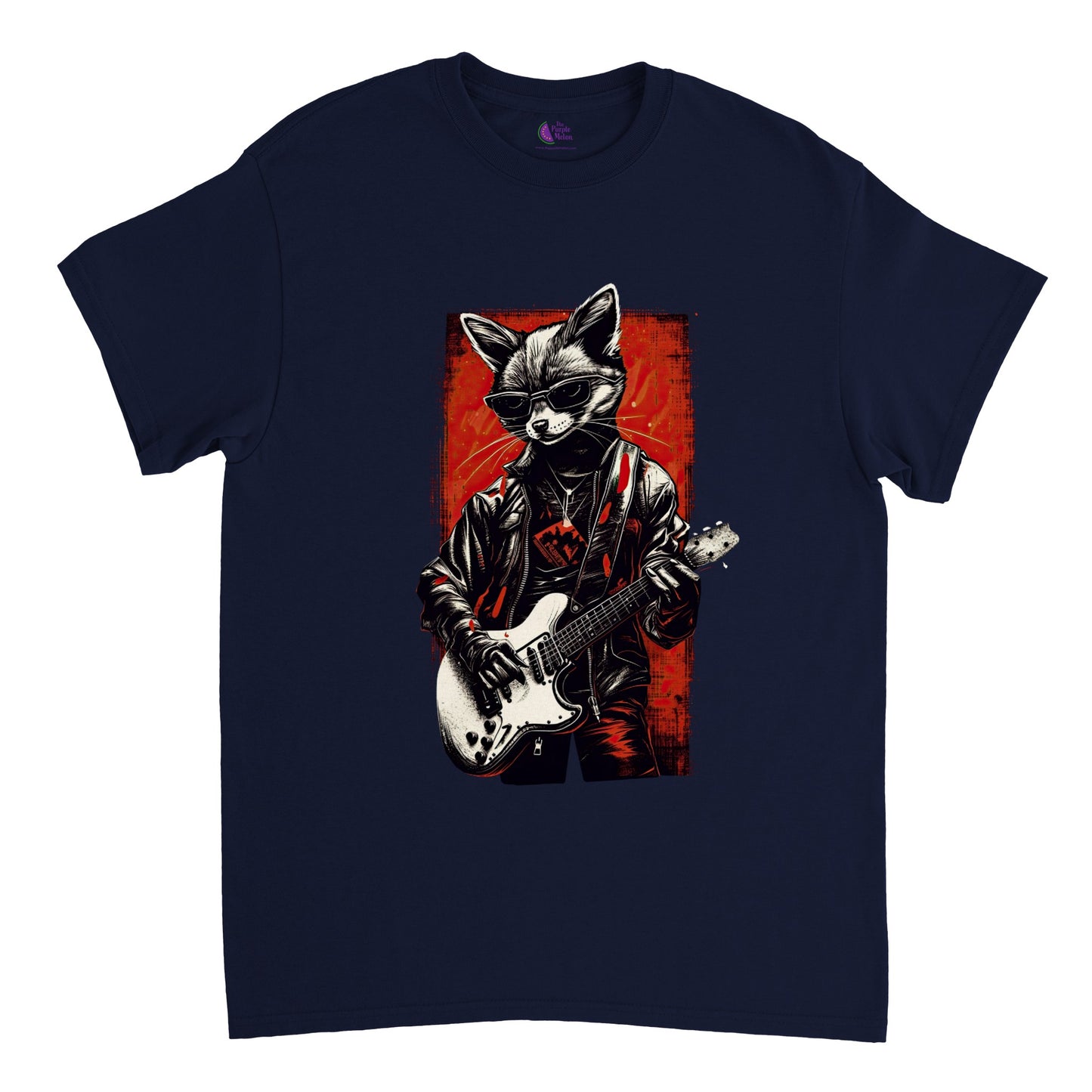 Navy blue t-shirt with a cool fox playing bass guitar print