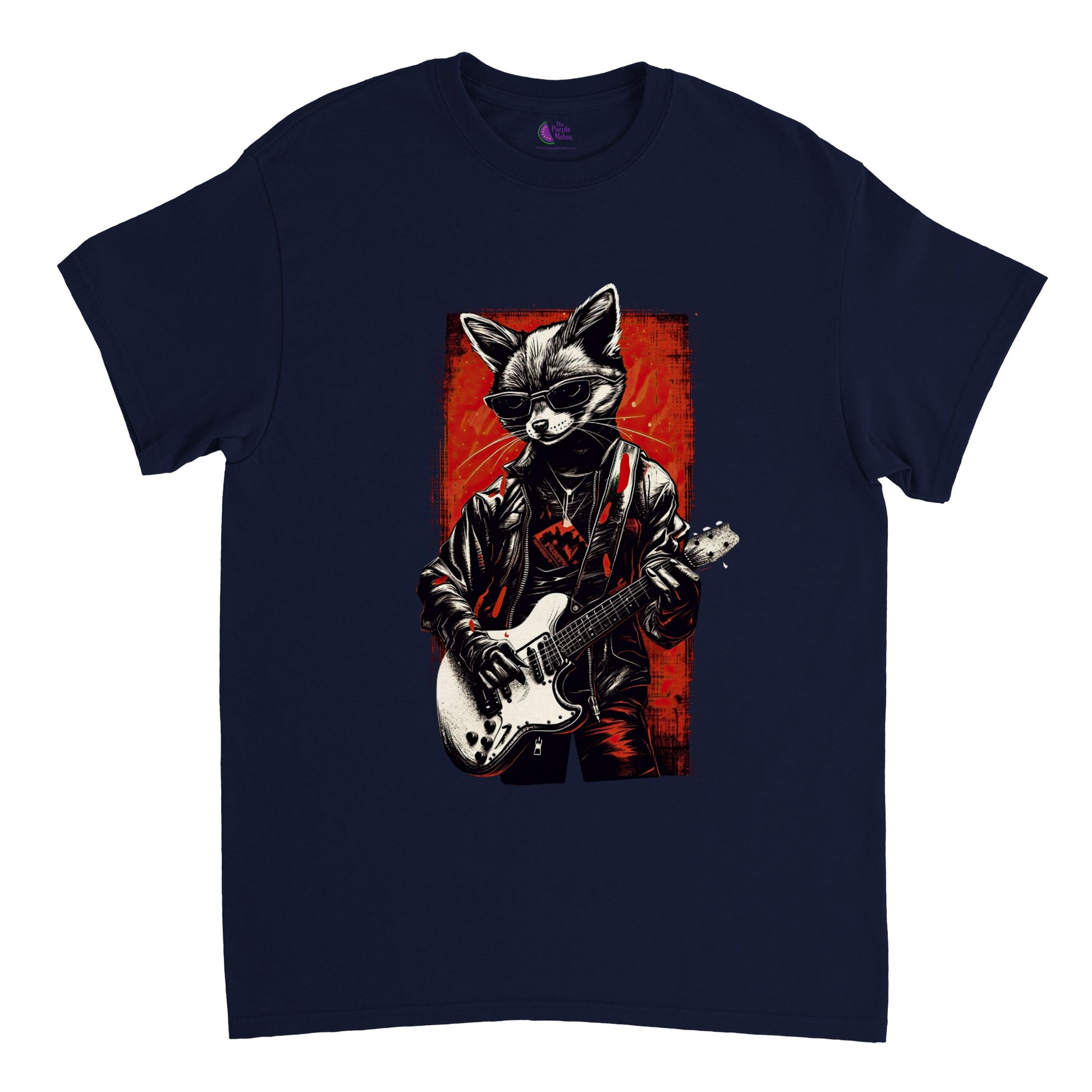 Navy blue t-shirt with a cool fox playing bass guitar print