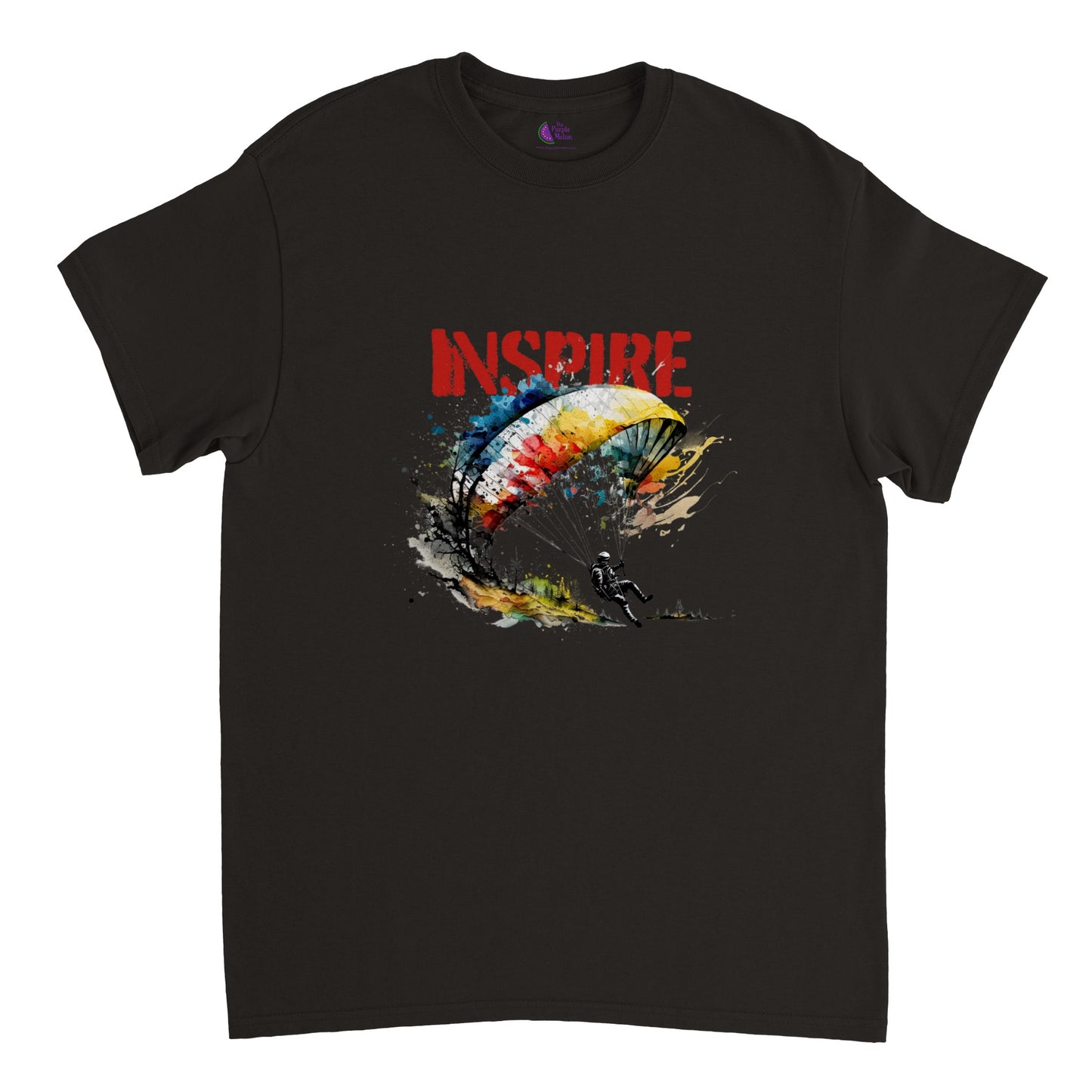 Black t-shirt with a paraglider print and the caption inspire