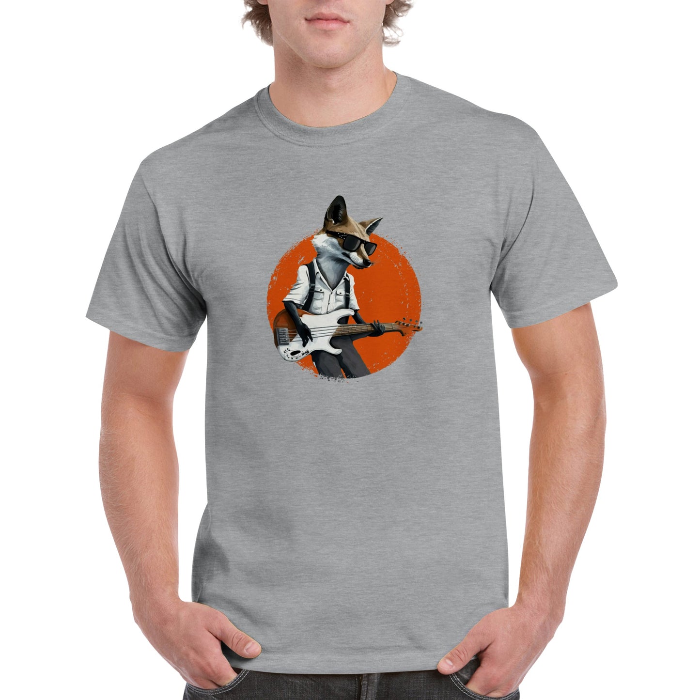 Guy wearing a grey t-shirt with a print of a fox in sunglasses playing the bass guitar