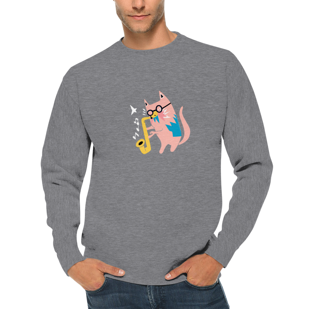 Pink Cat Playing a Saxophone Premium Unisex Crewneck Sweatshirt.