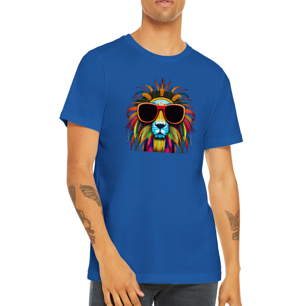 Guy wearing a royal blue t-shirt with a colourful lion wearing red oversized sunglasses print