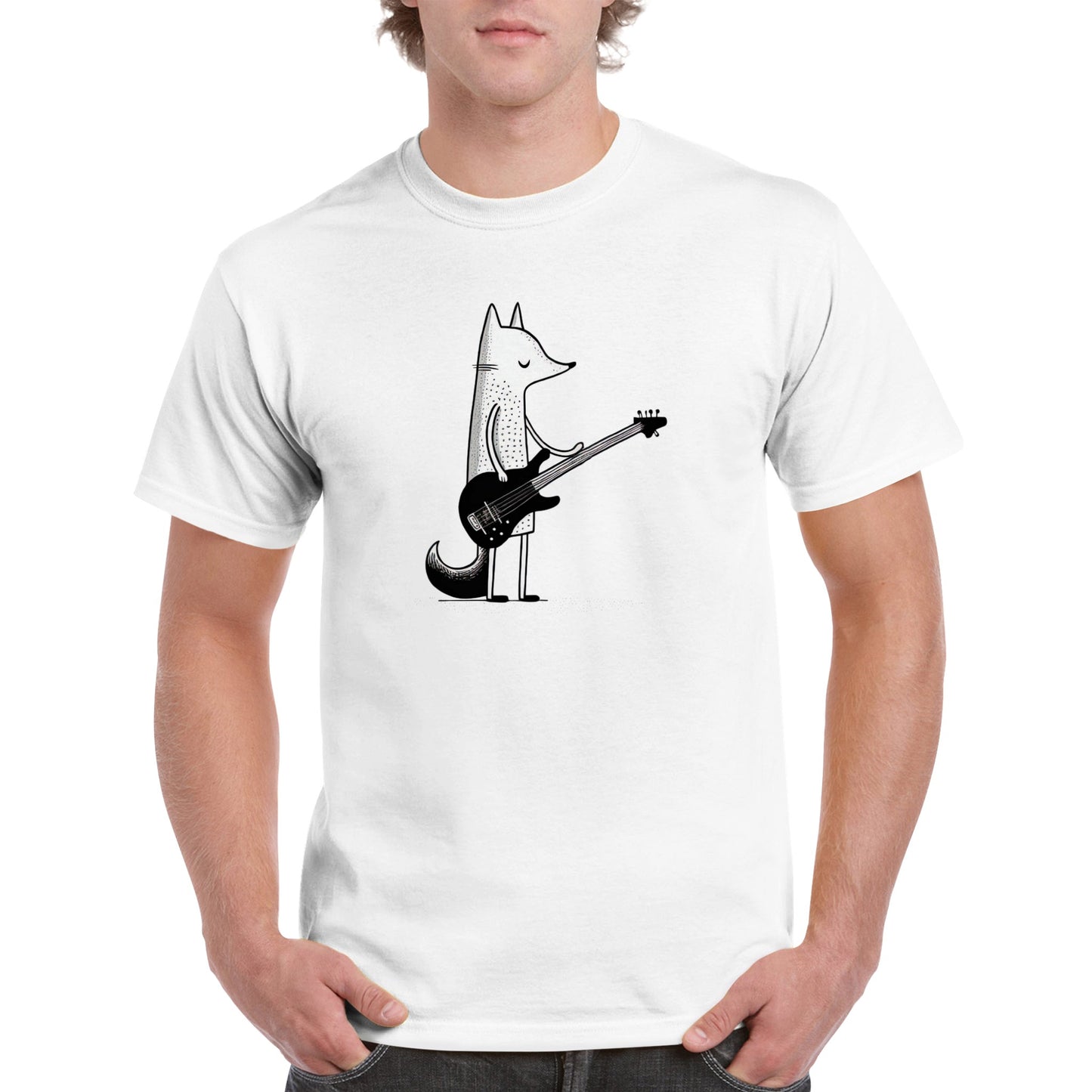 white t-shirt with a fox playing the bass guiutar print