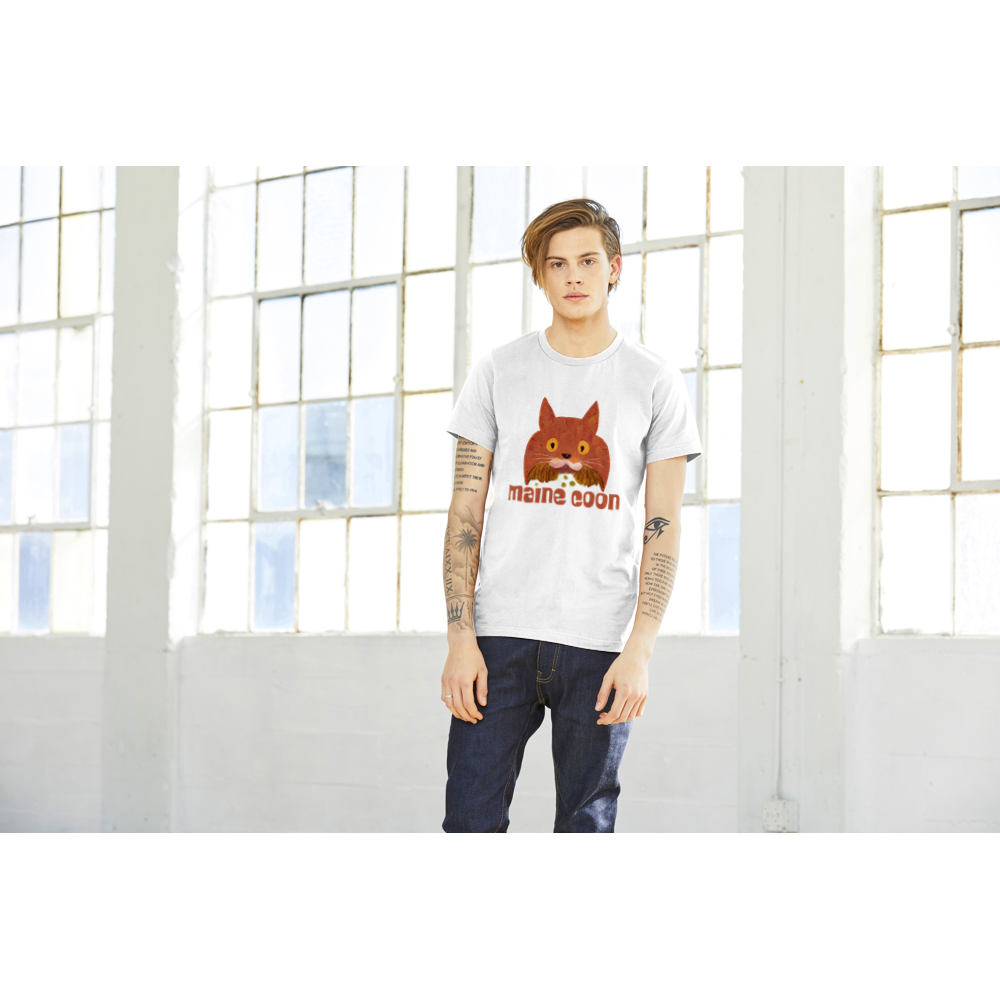 Guy wearing a white t-shirt with a quirky Maine Coon print