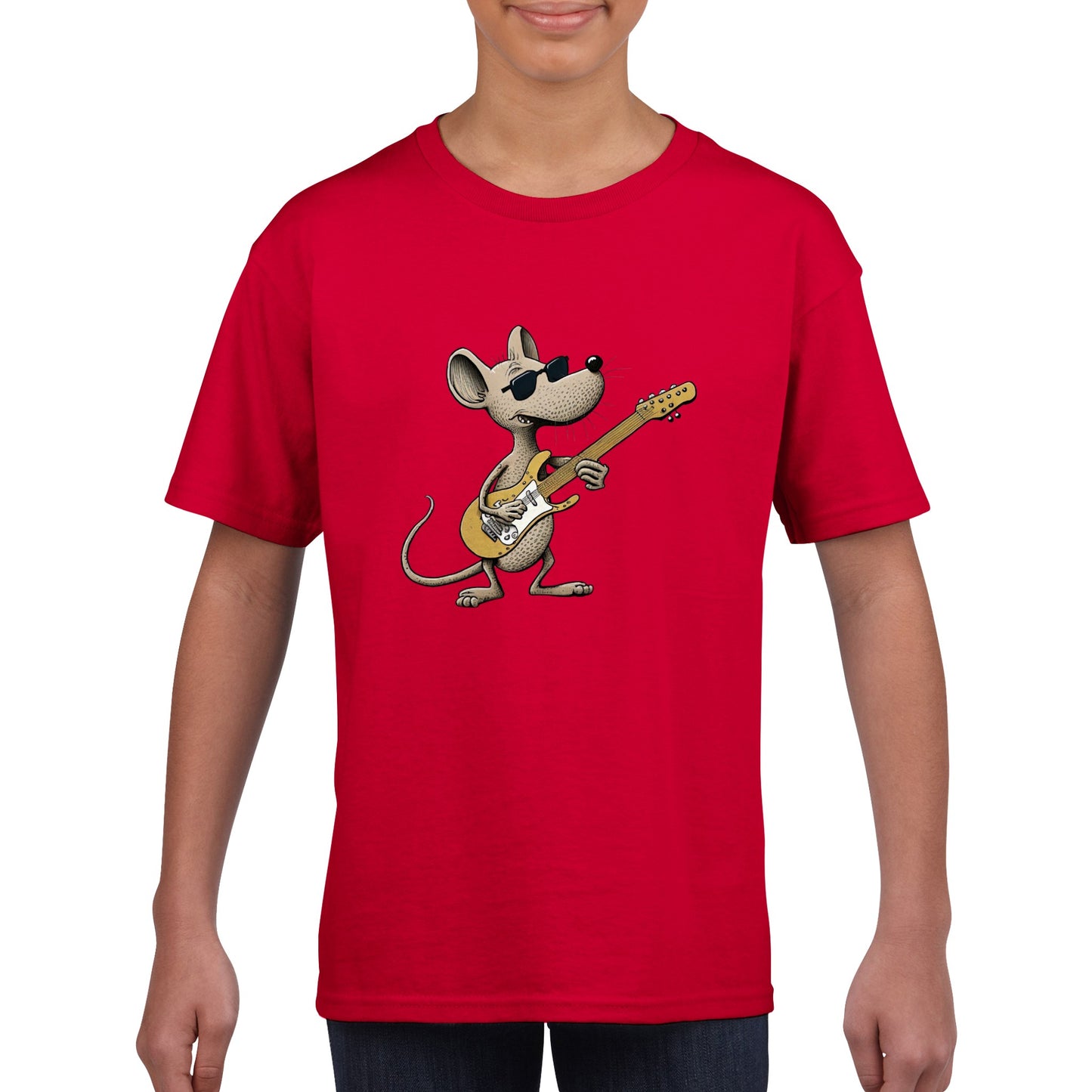 Kid wearing Cool rat playing a guitar print on red t-shirt
