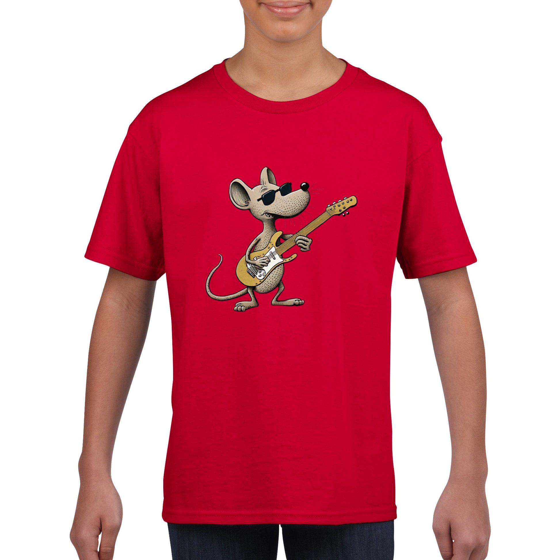Kid wearing Cool rat playing a guitar print on red t-shirt