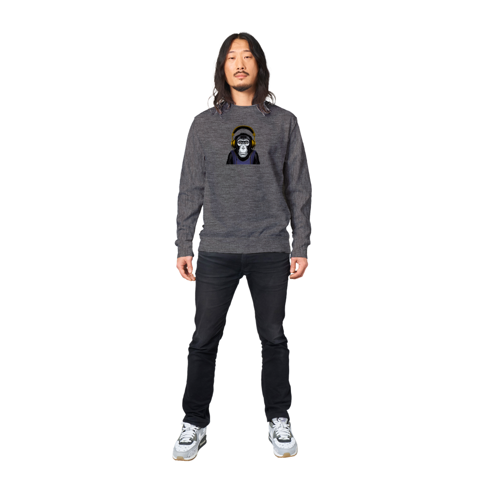 Chimpanzee Litening to Music on Headphones Premium Unisex Crewneck Sweatshirt