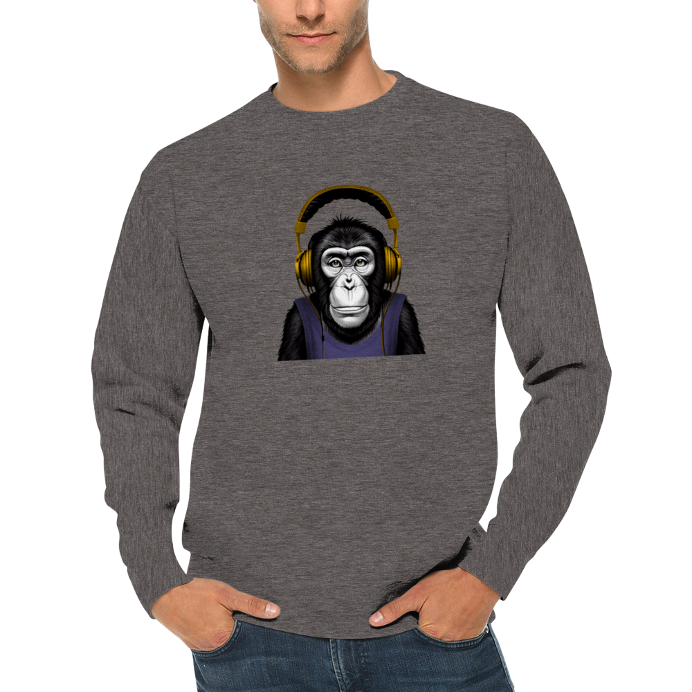 Chimpanzee Litening to Music on Headphones Premium Unisex Crewneck Sweatshirt