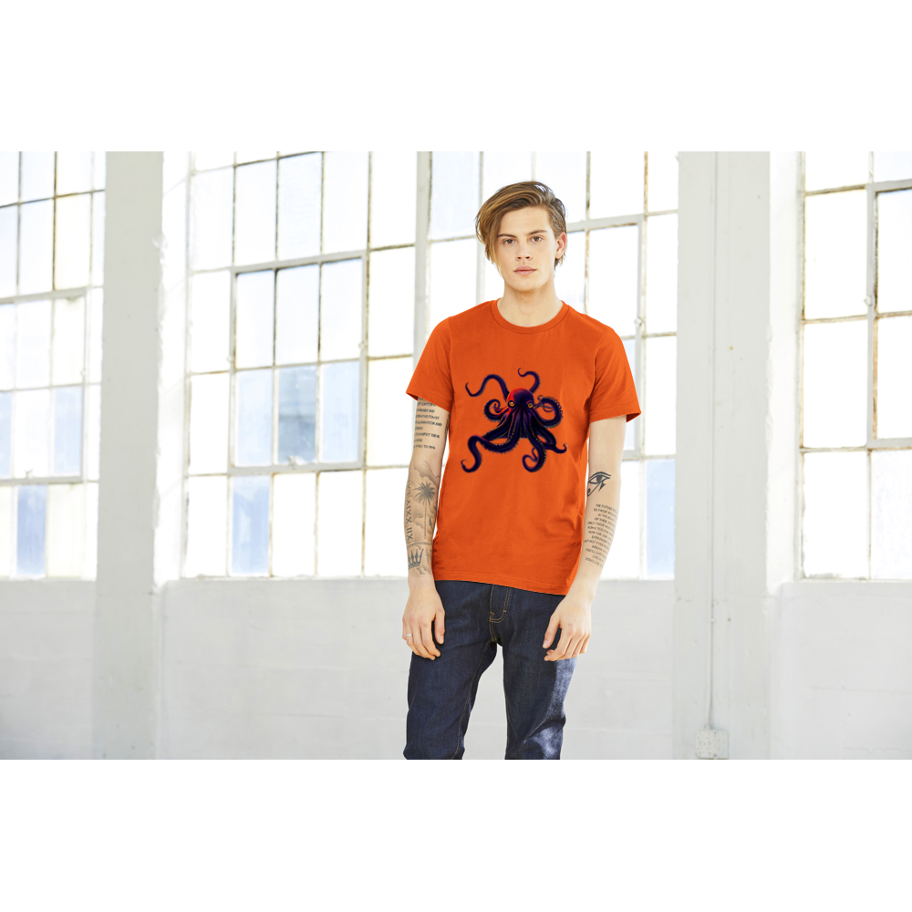 Guy wearing an orange t-shirt with an octopus print