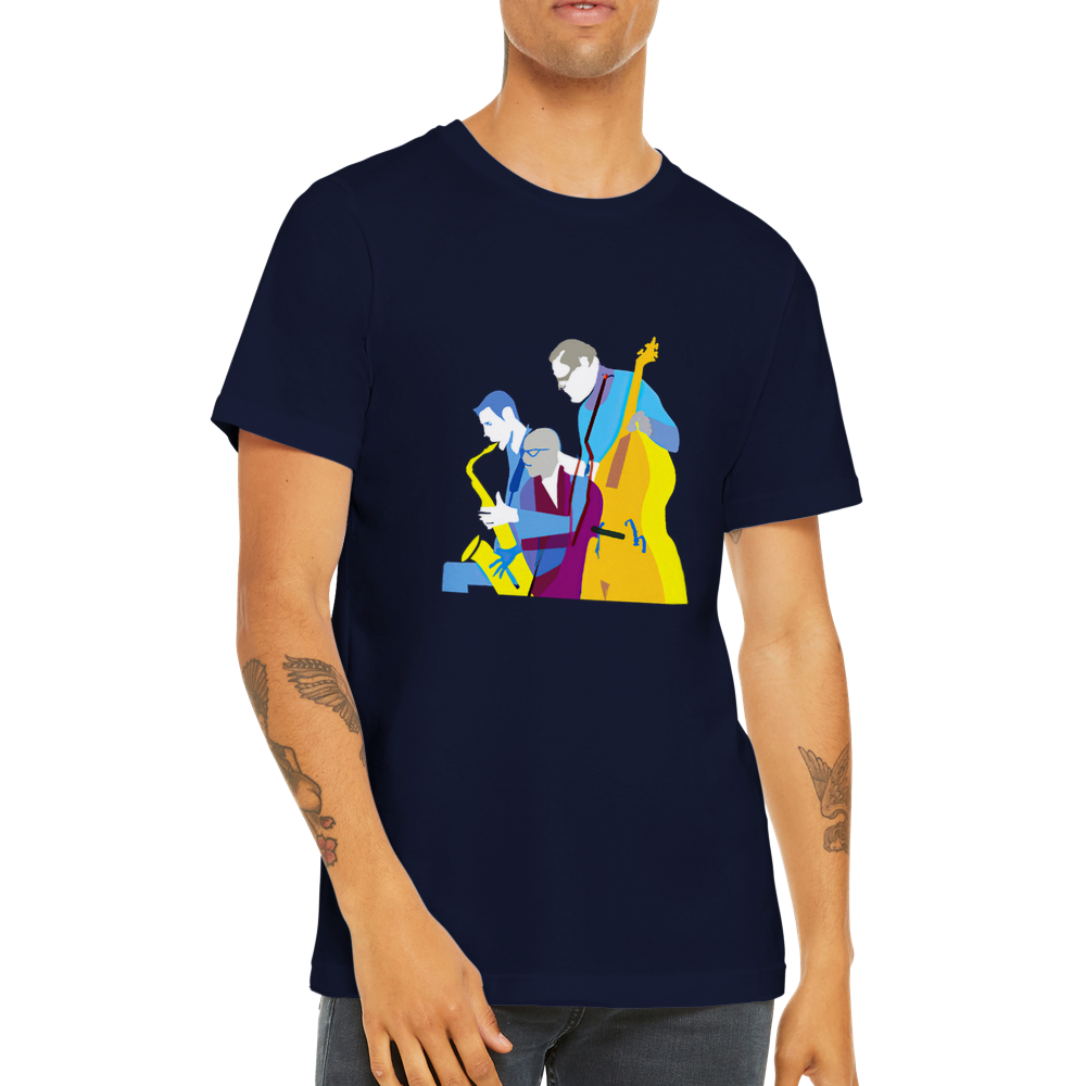 a guy wearing a navy t-shirt with a jazz trio print