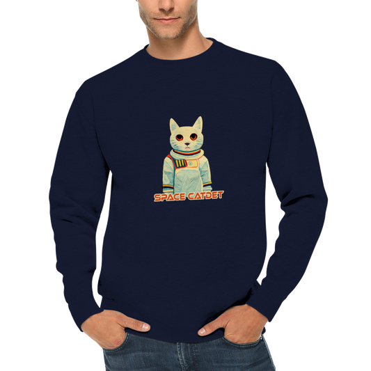 Space Catdet unisex crewneck sweatshirt with astronaut cat design