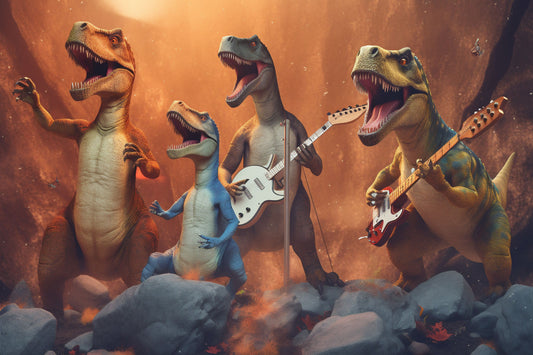 Dinosaurs playing in a rock band