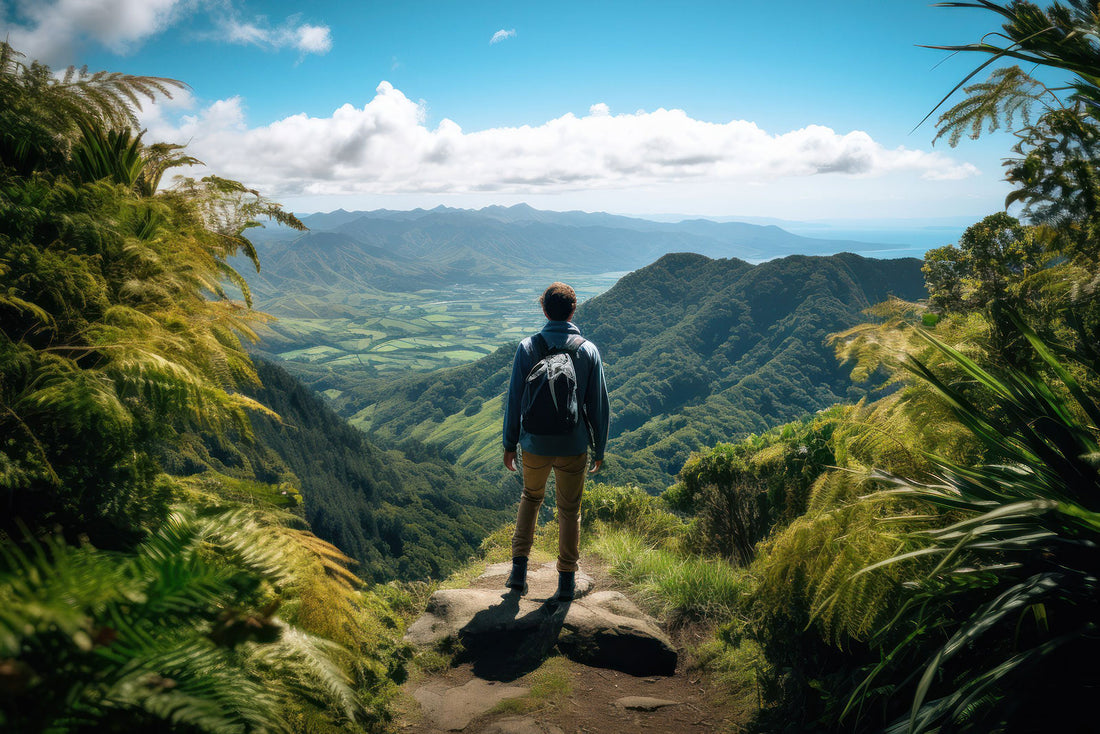 guy tramping on a mountain path with beautiful New Zealand scenery