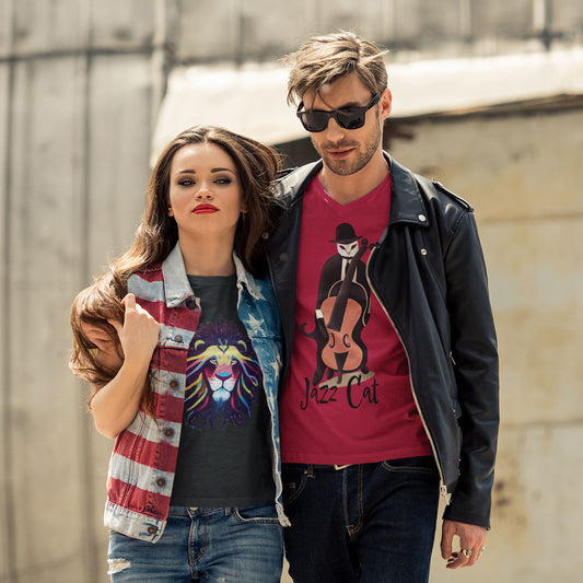 A couple walking together with printed t-shirts