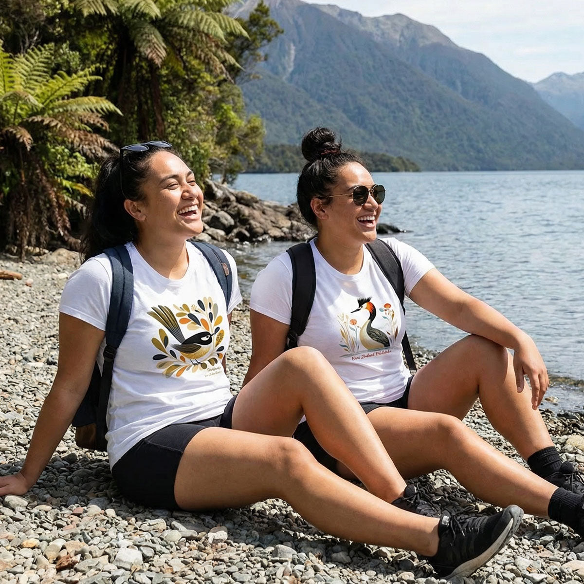 two young new zealand women sitting beside a lake wearing NZ themed tees