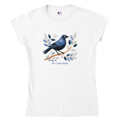 white t-shirt with a New Zealand Kokako bird print