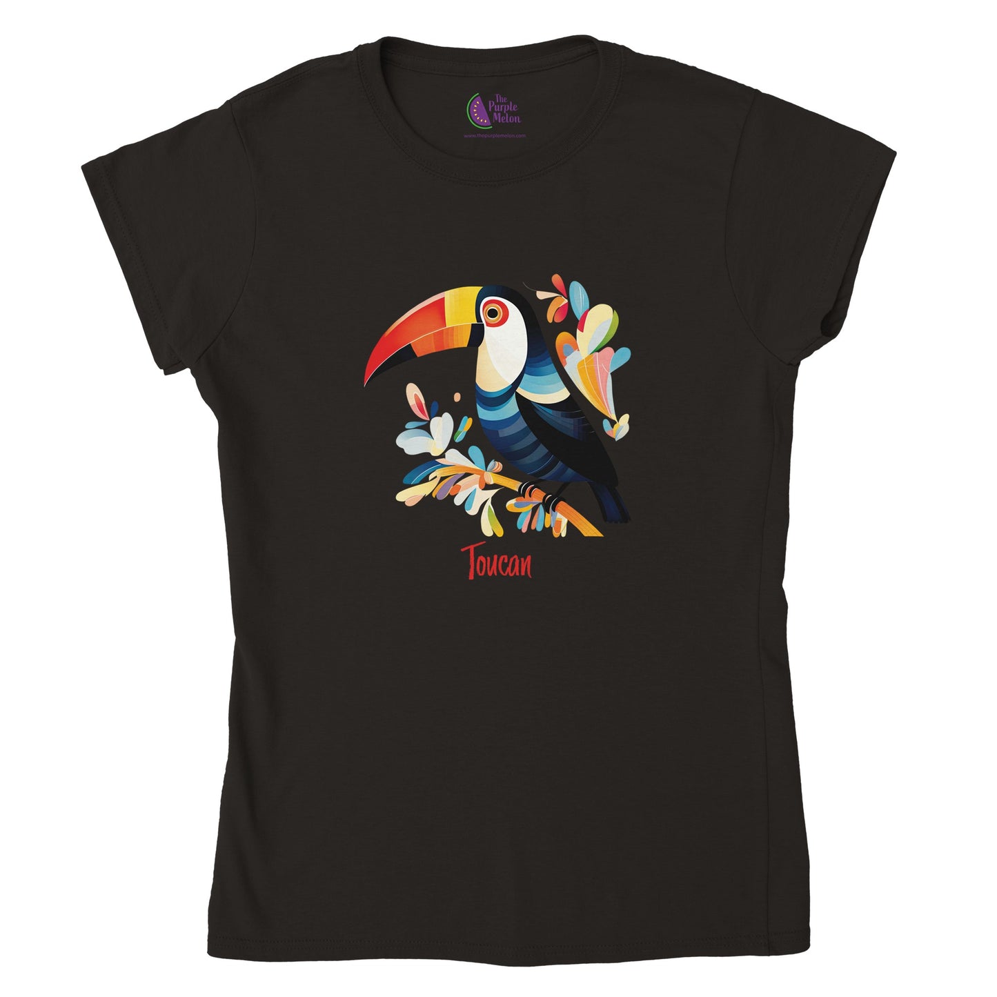 black t-shirt with a toucan print