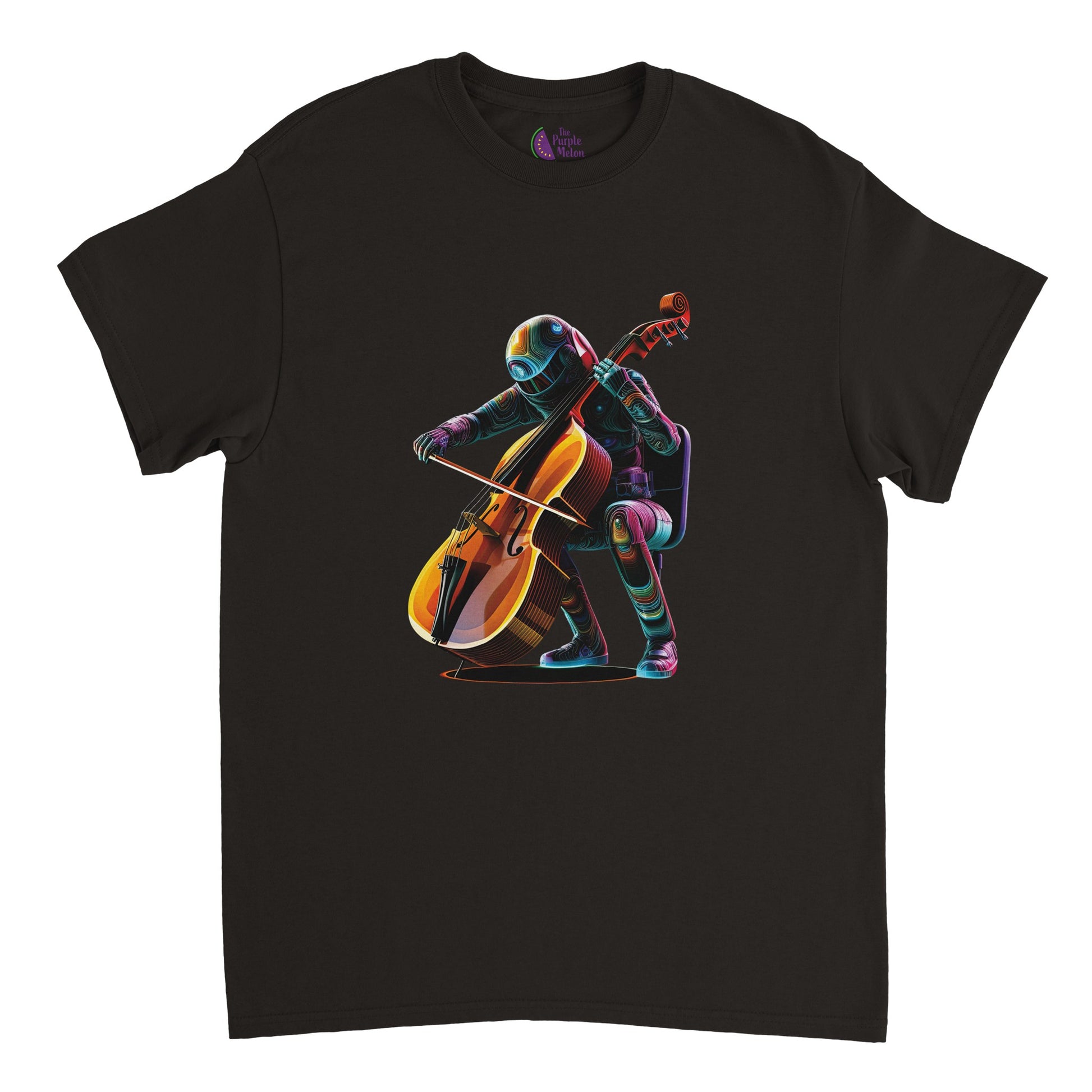 black t-shirt with a spaceman playing the cello print