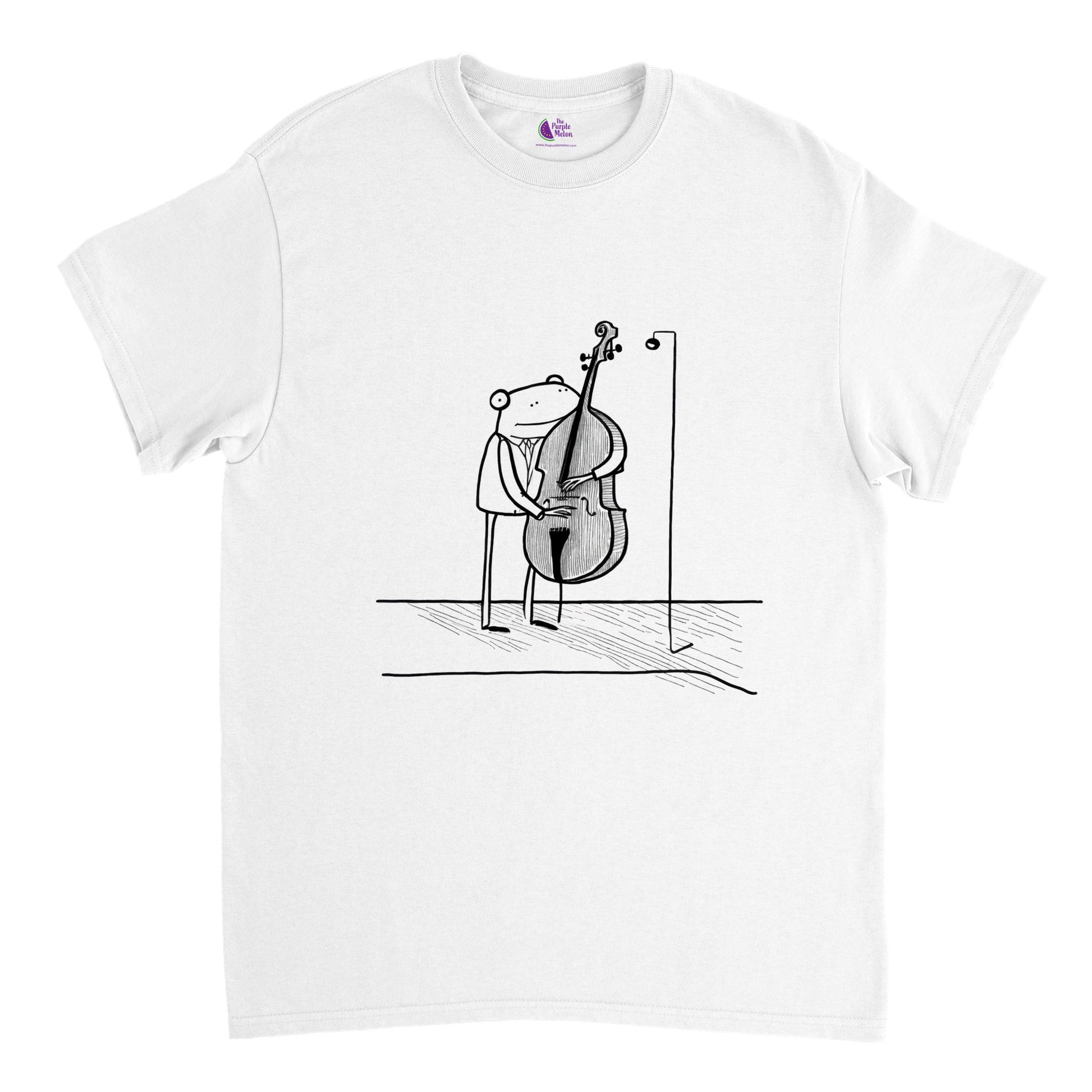 white t-shirt with a frog playing a double bass print