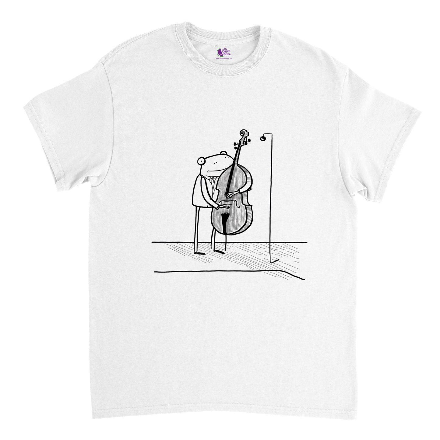 white t-shirt with a frog playing a double bass print