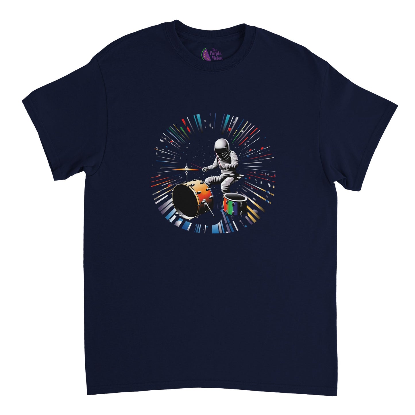 navy blue t-shirt with a spaceman playing the drums