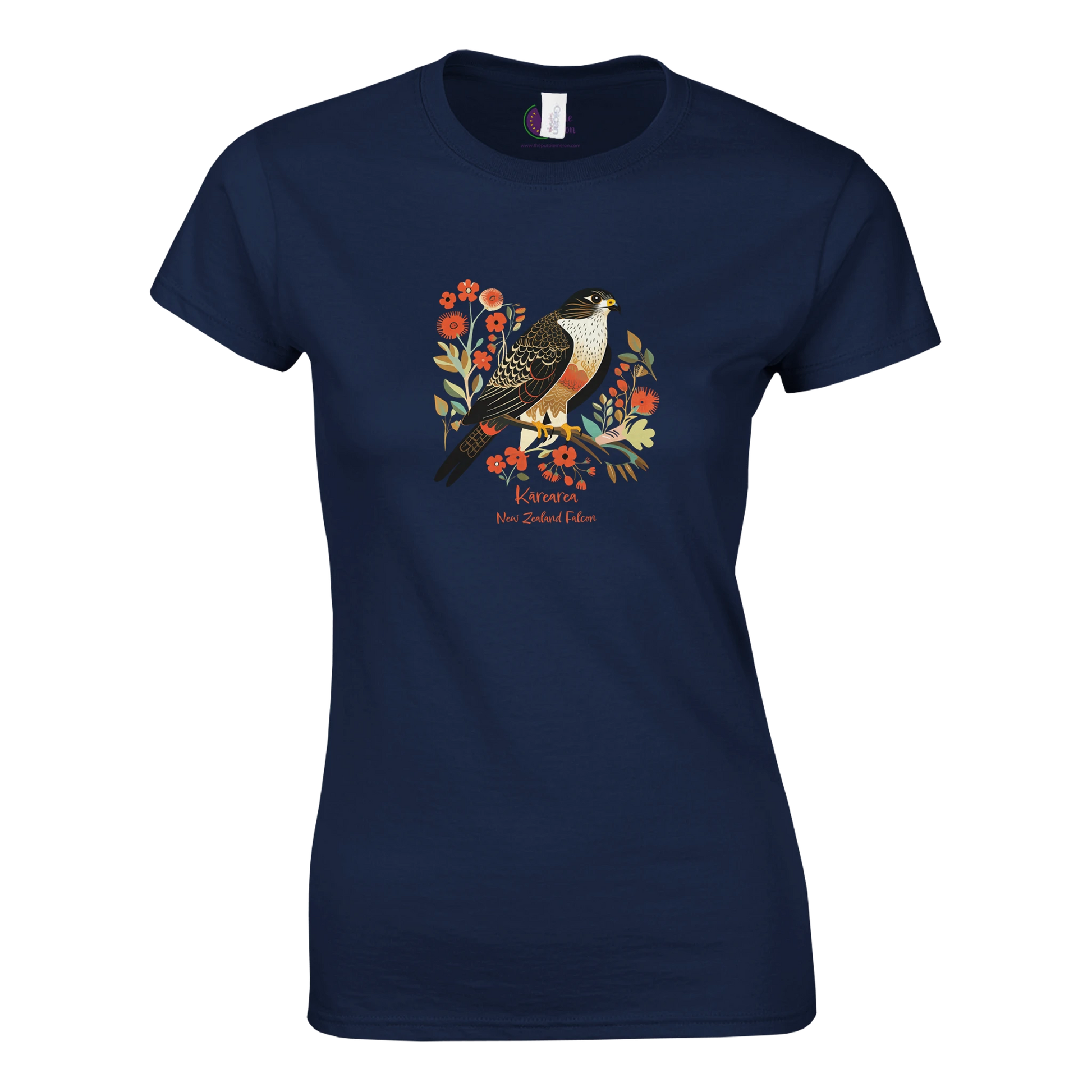 Navy blue t-shirt with a Karearea NZ Falcon – 2025 Bird of the Year and floral design on a navy background