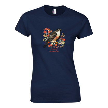 Navy blue t-shirt with a Karearea NZ Falcon – 2025 Bird of the Year and floral design on a navy background