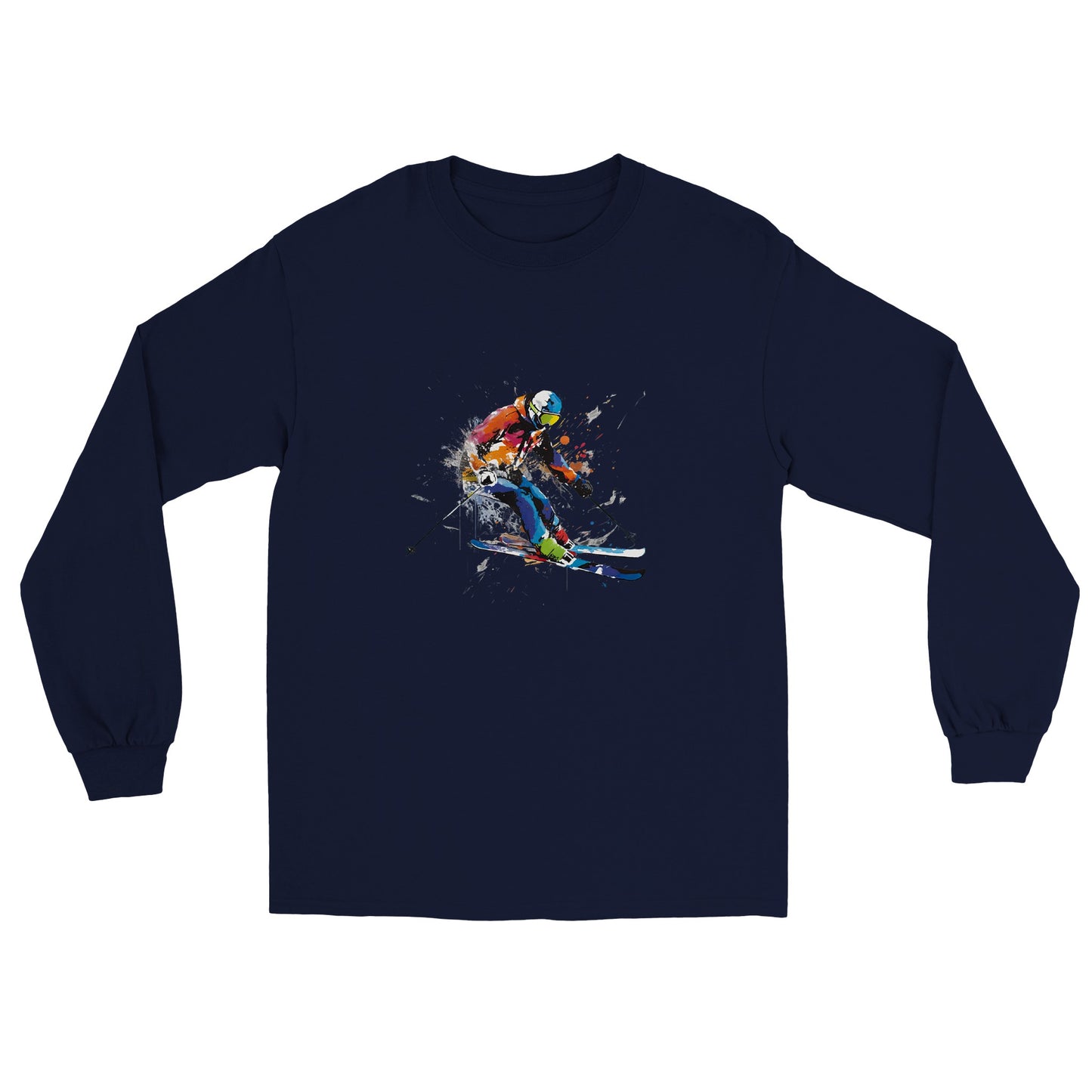 Navy blue long sleeve t-shirt with a skier print