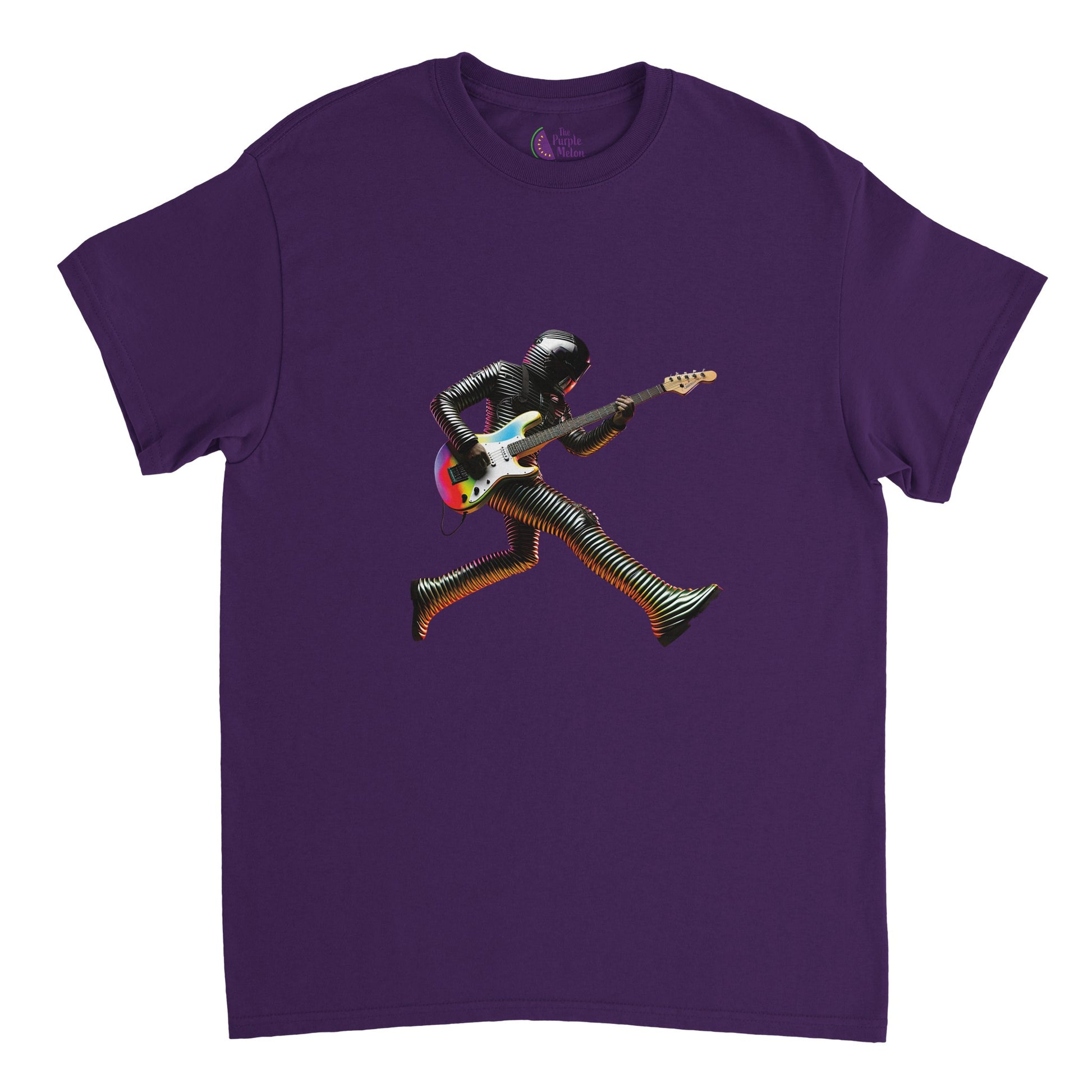 Purple t-shirt with a futuristic guitarist print