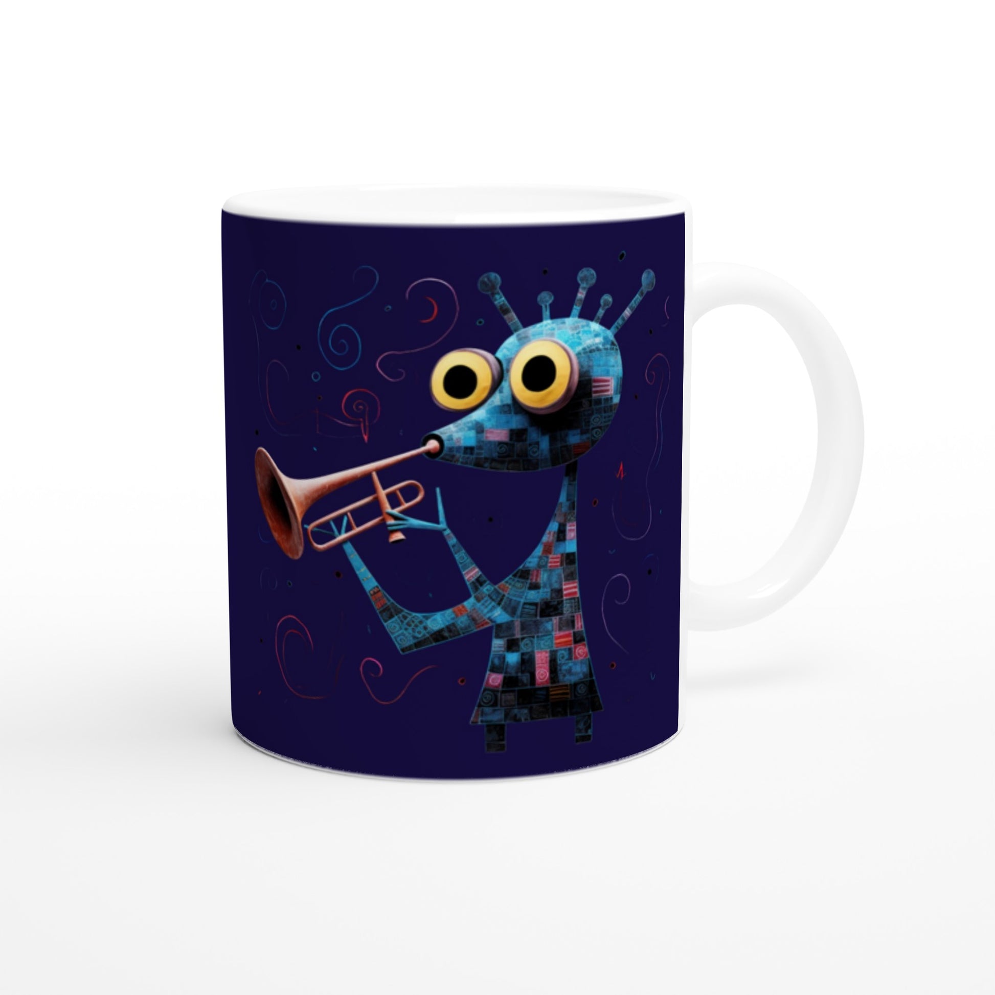 abstract trumpeter print on a navy blue mug
