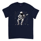 navy blue t-shirt with astronaut playing guitar in space