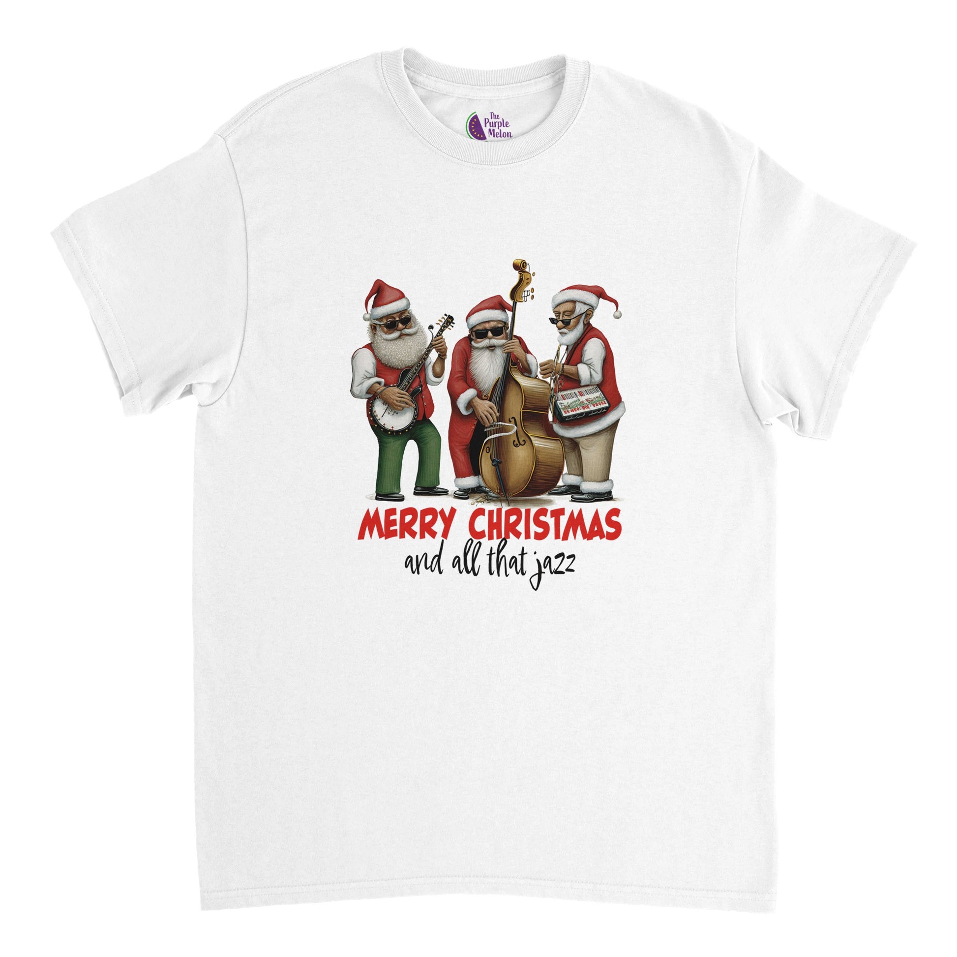 white t-shirt with a merry christmas and all that jazz print