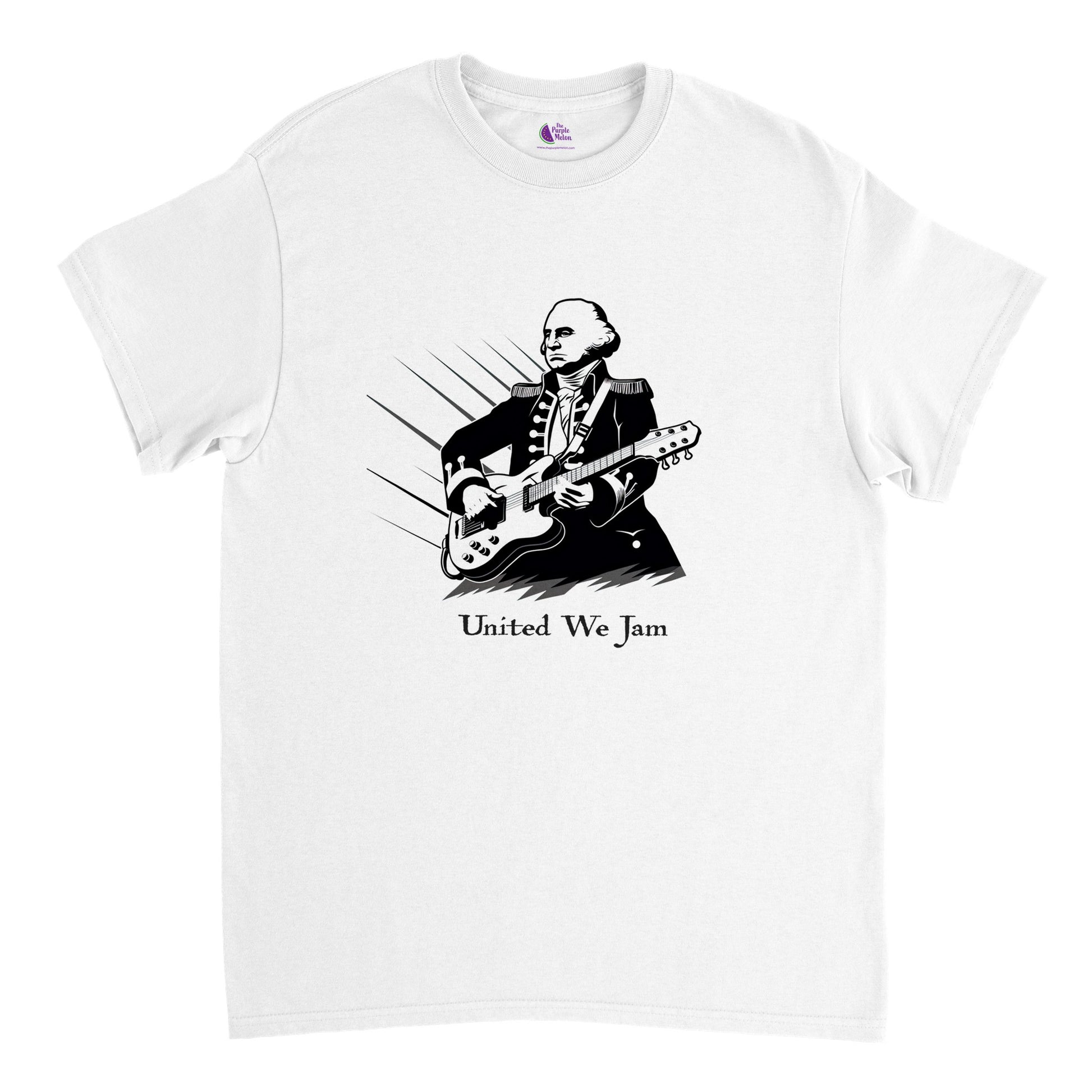 white t-shirt with print of George Washington playing the guitar and the caption United We Jam