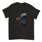 black t-shirt with an abstract trumpet player print