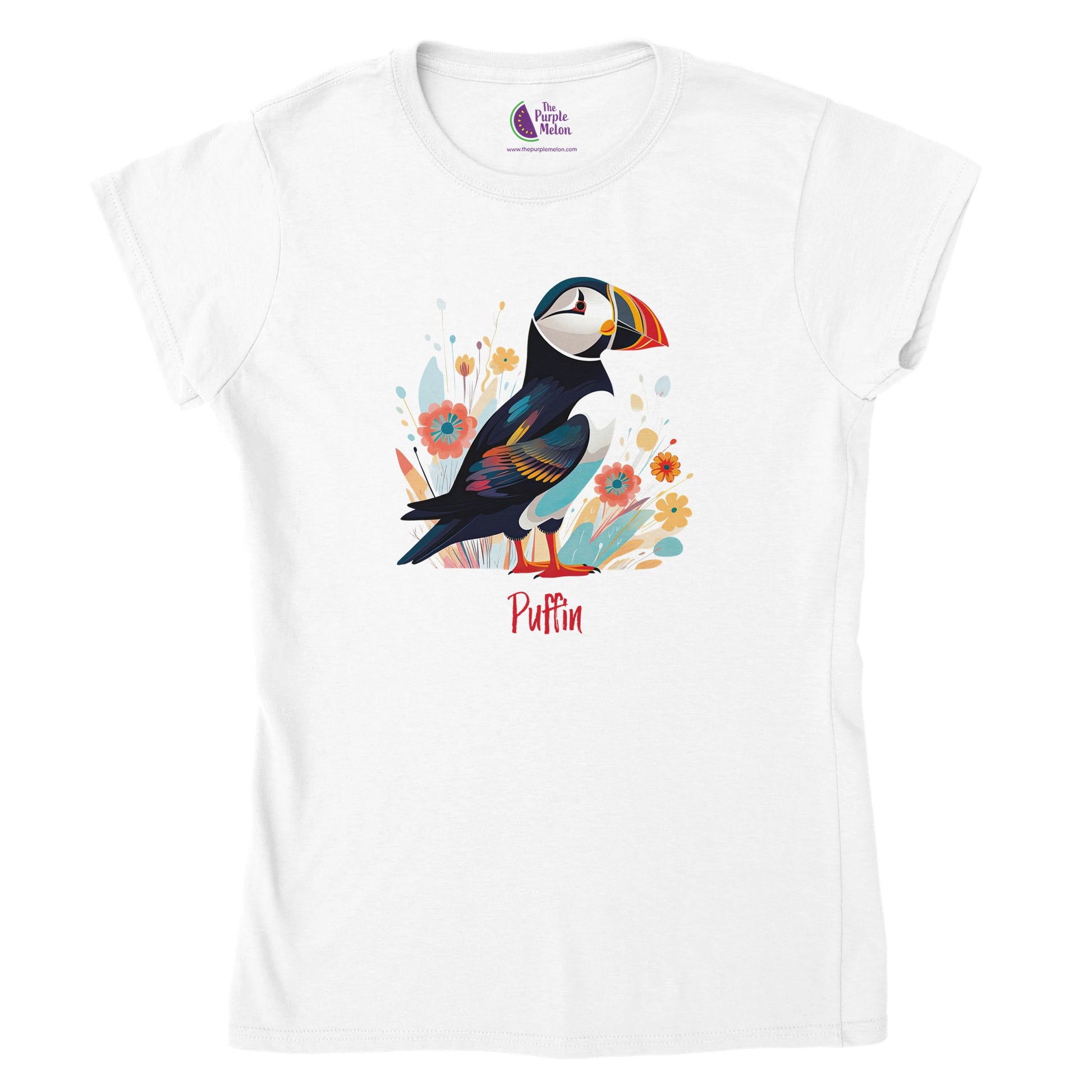 white t-shirt with a puffin bird print