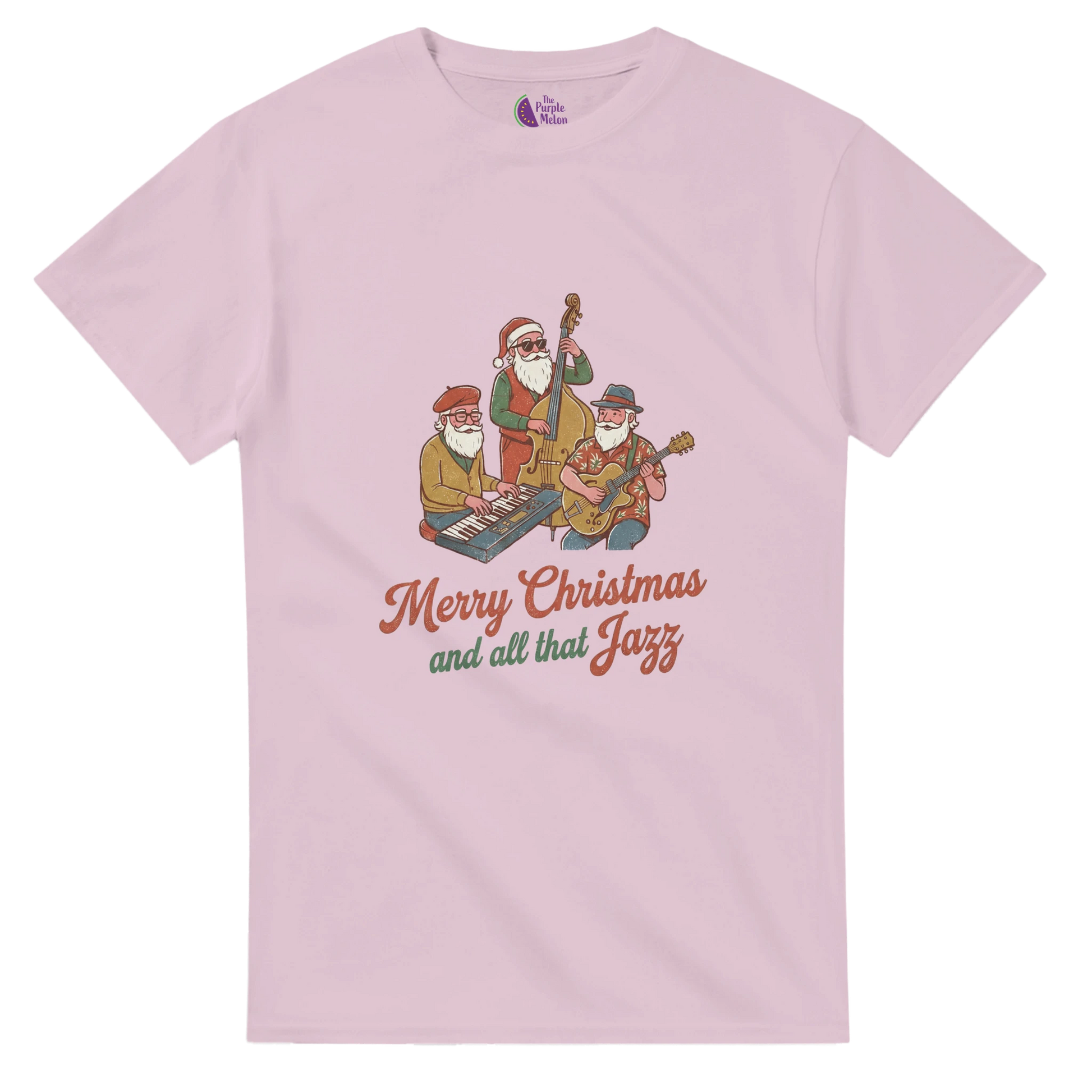Front view of Merry Christmas jazz band T-shirt by The Purple Melon