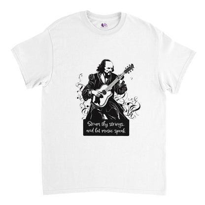 White t-shirt with Shakespeare playing the guitar and the caption 'Strum They Strings and Let Music Speak'