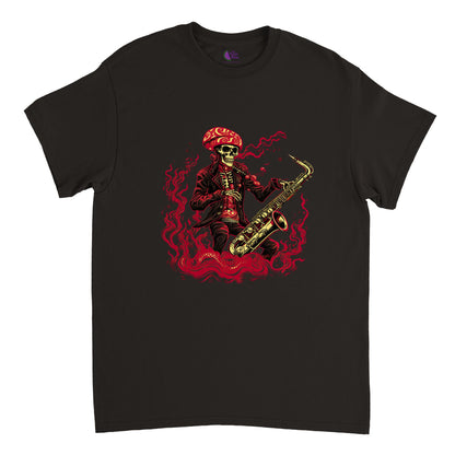 black t-shirt with skeleton playing saxophone print
