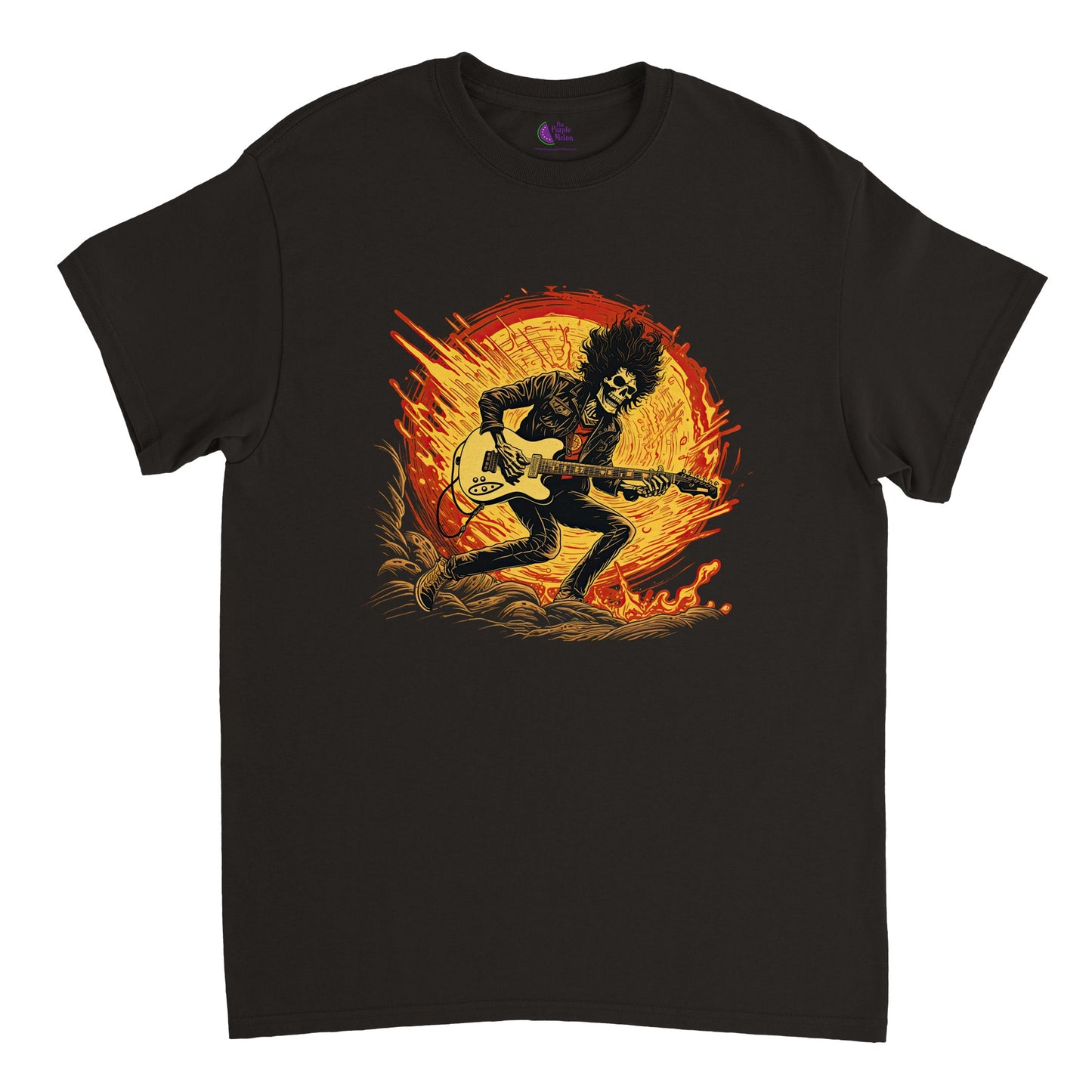 black t-shirt with a crazy skeleton guitarist print