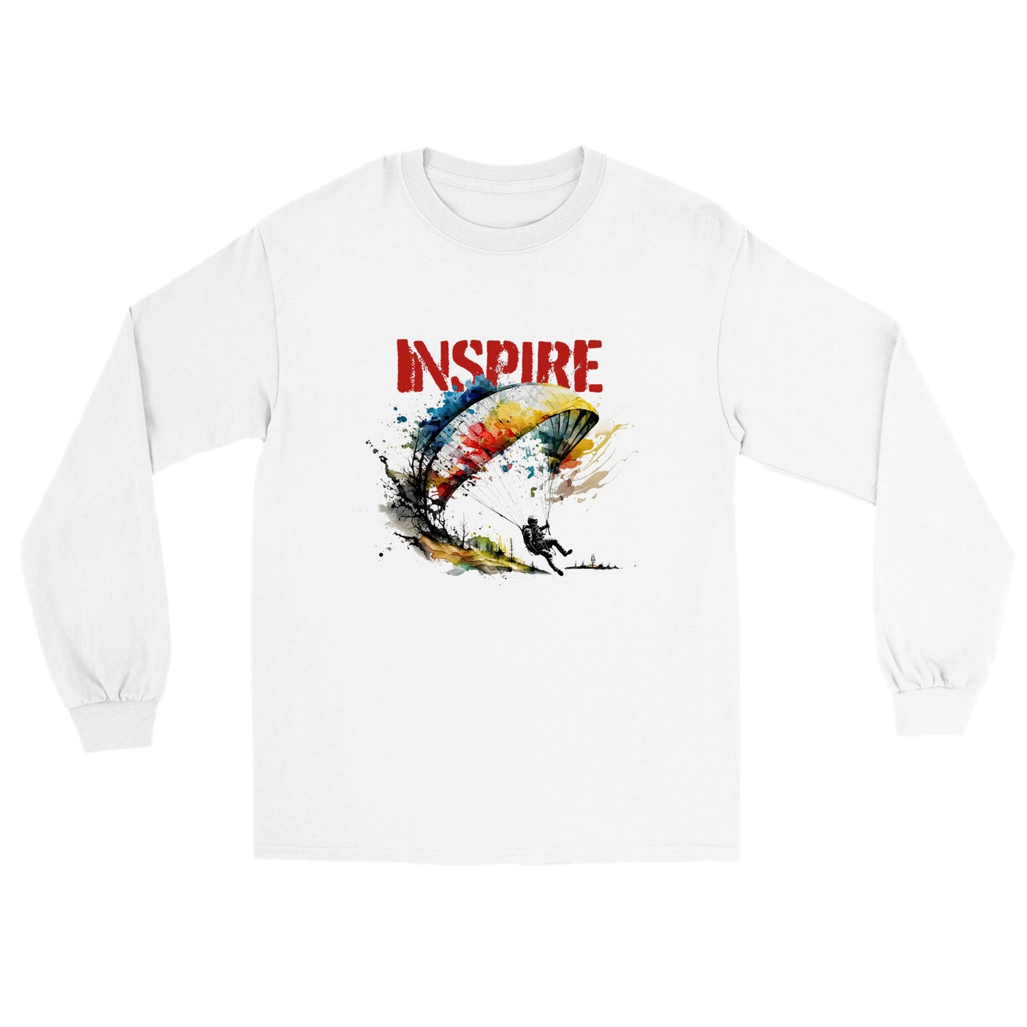 white long sleeve t-shirt with a paraglider graphic and Inspire caption