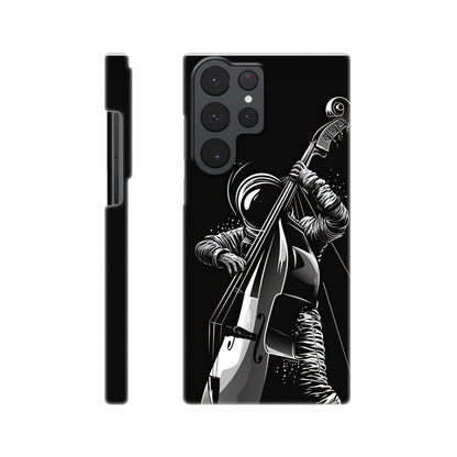 slim phone case with a double bass playing spaceman design