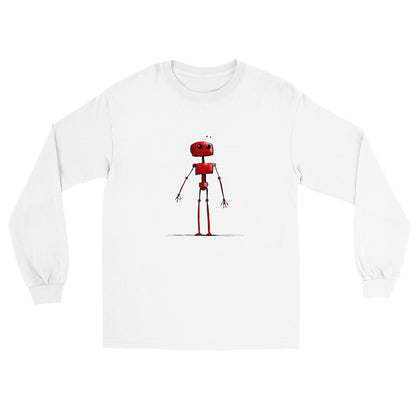 white long sleeve t-shirt with a red robot print