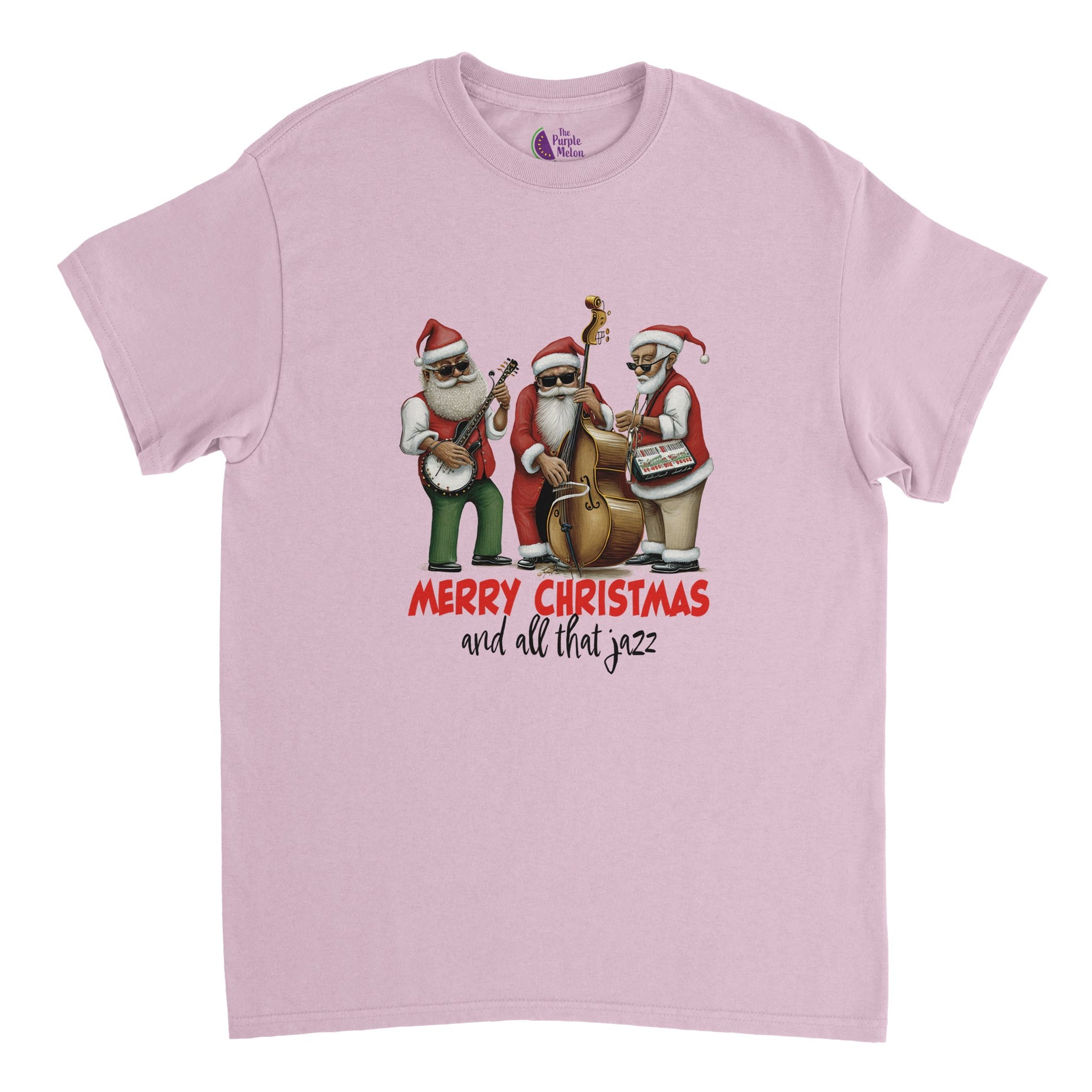 light pink t-shirt with a merry christmas and all that jazz print