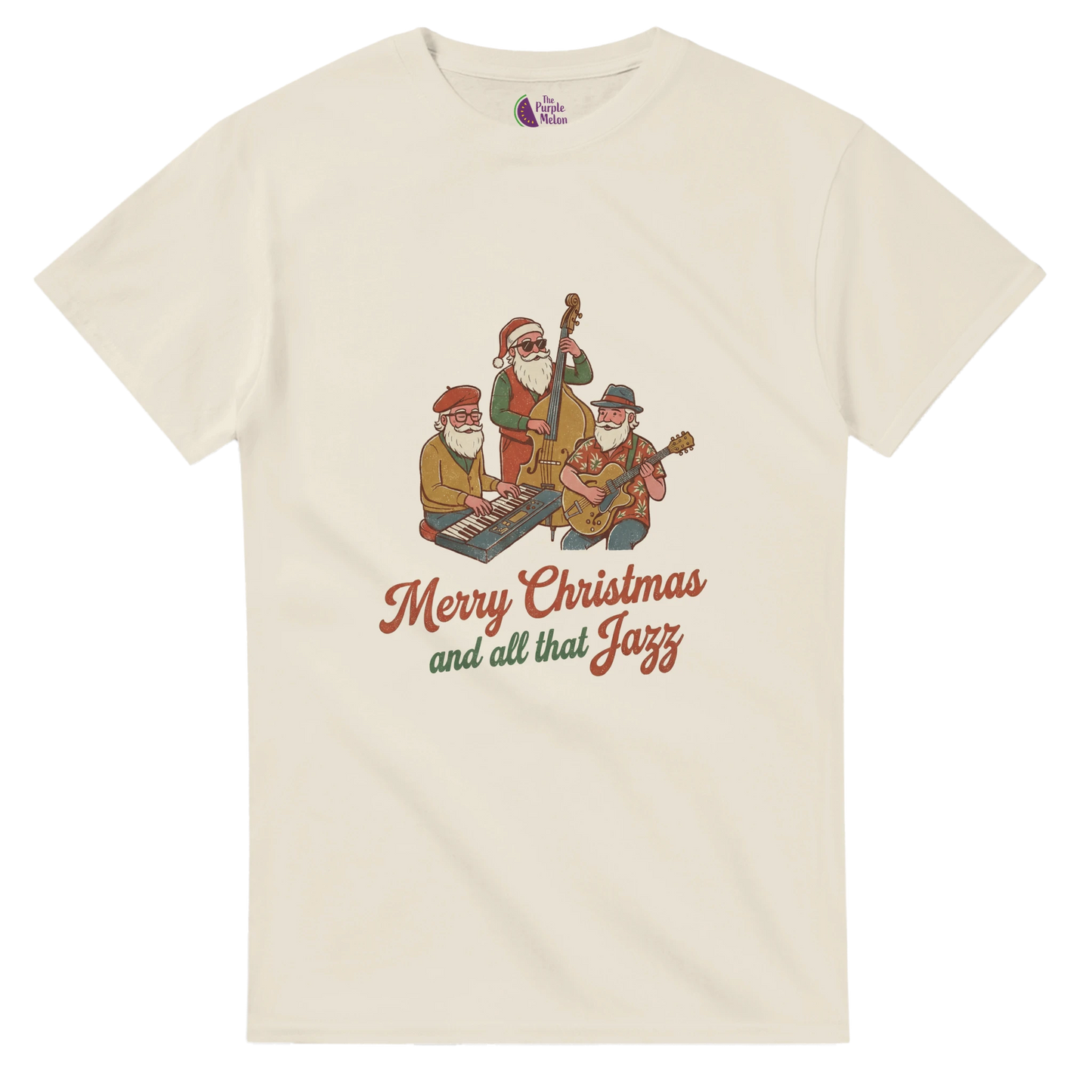 Close-up of Santa musician artwork on Christmas jazz T-shirt