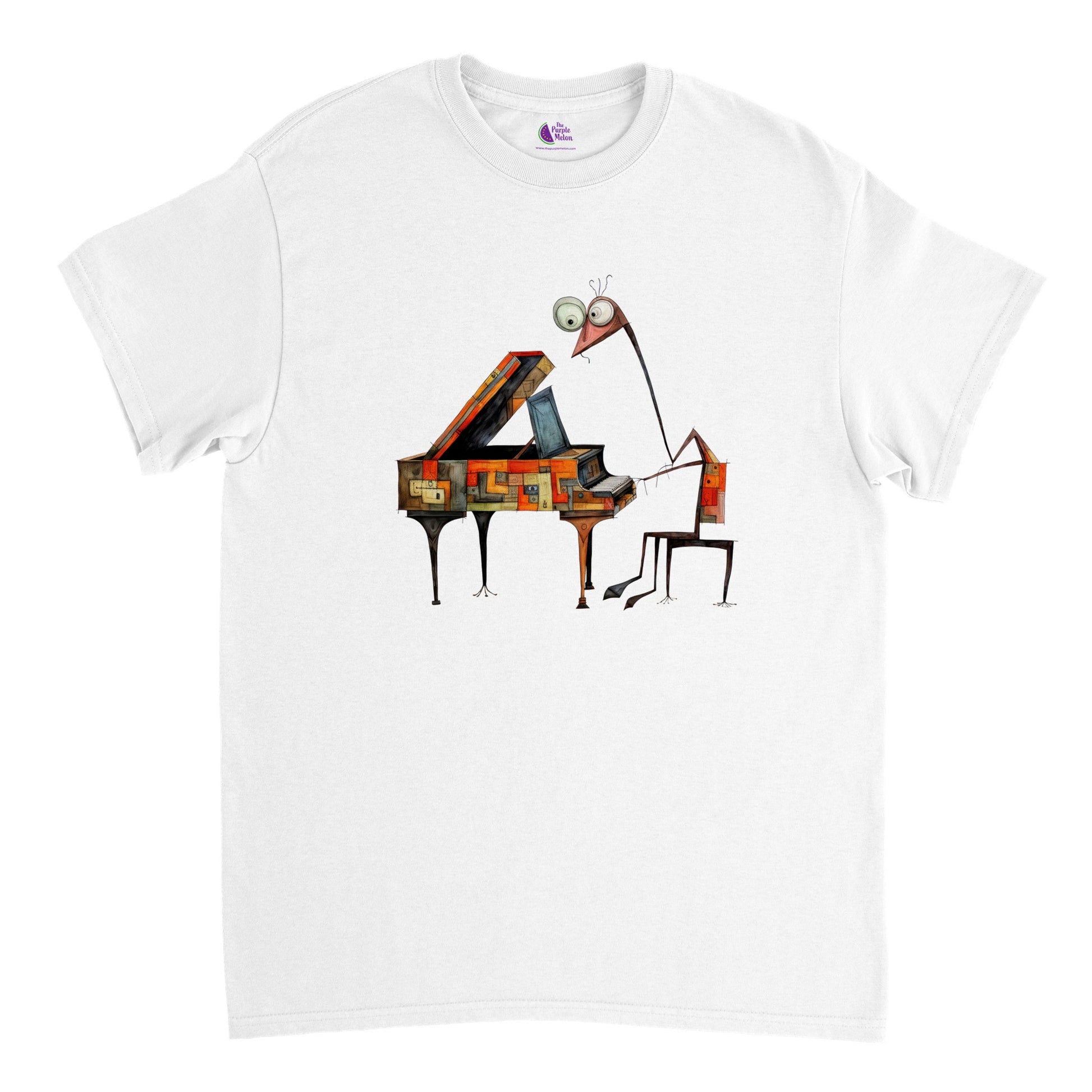 white t-shirt with an abstract giraffe pianist print